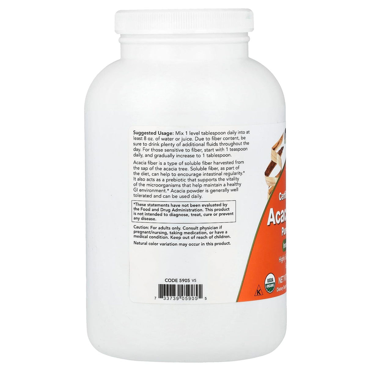 Acacia Fiber Organic Powder, (Fibre de Salcam), Now Foods, 340g
