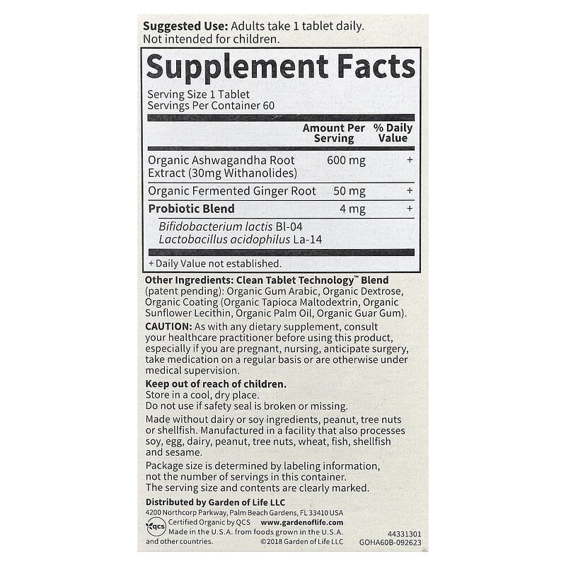 Ashwagandha, Stress & Mood, 600 mg, MyKind Organics, Garden of Life, 60 tablete