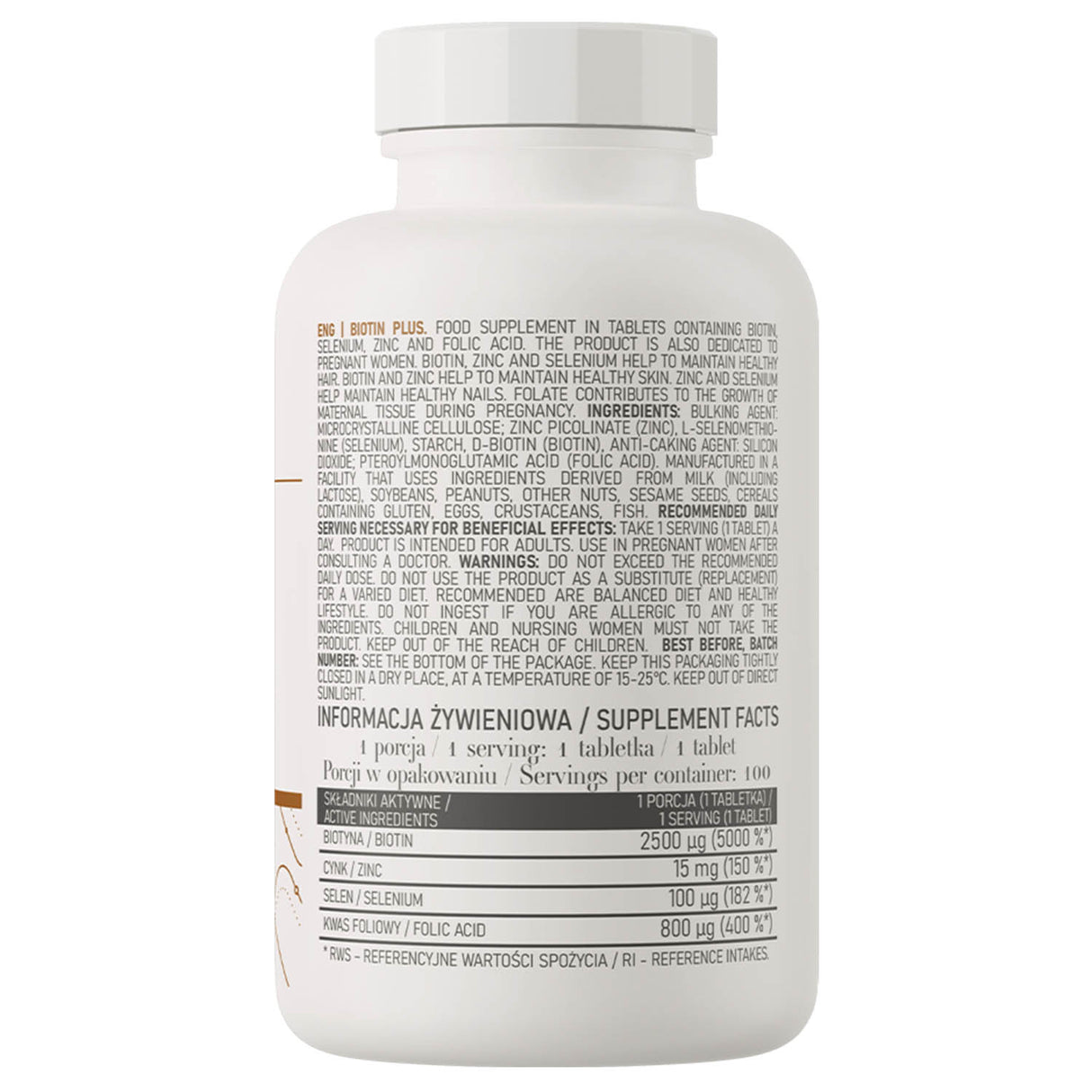 Biotină Plus Zinc, Seleniu si Acid Folic, OstroVit, 100 tablete