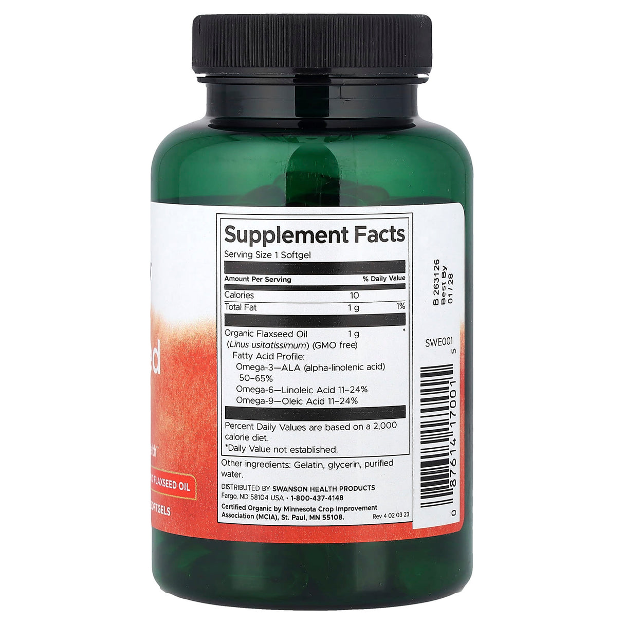 Flaxseed Oil Organic (Ulei Seminte de in), 1000mg, Swanson, 100 Softgels SWE001