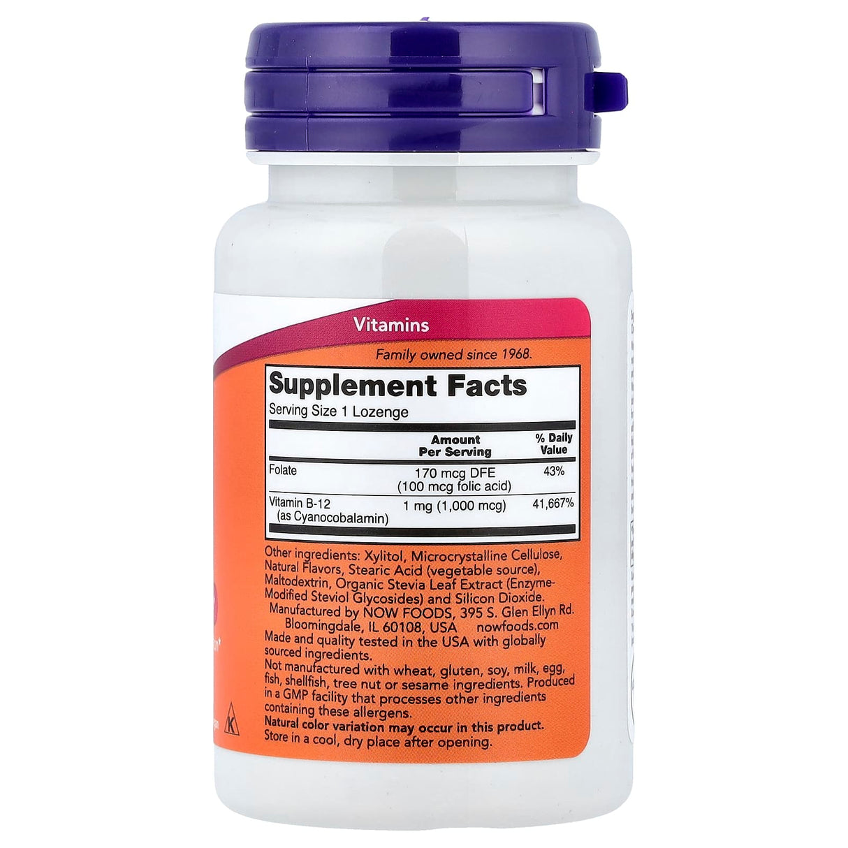 Vitamin B-12 With Folic Acid 1000 mcg, NOW Foods, 100 drajeuri