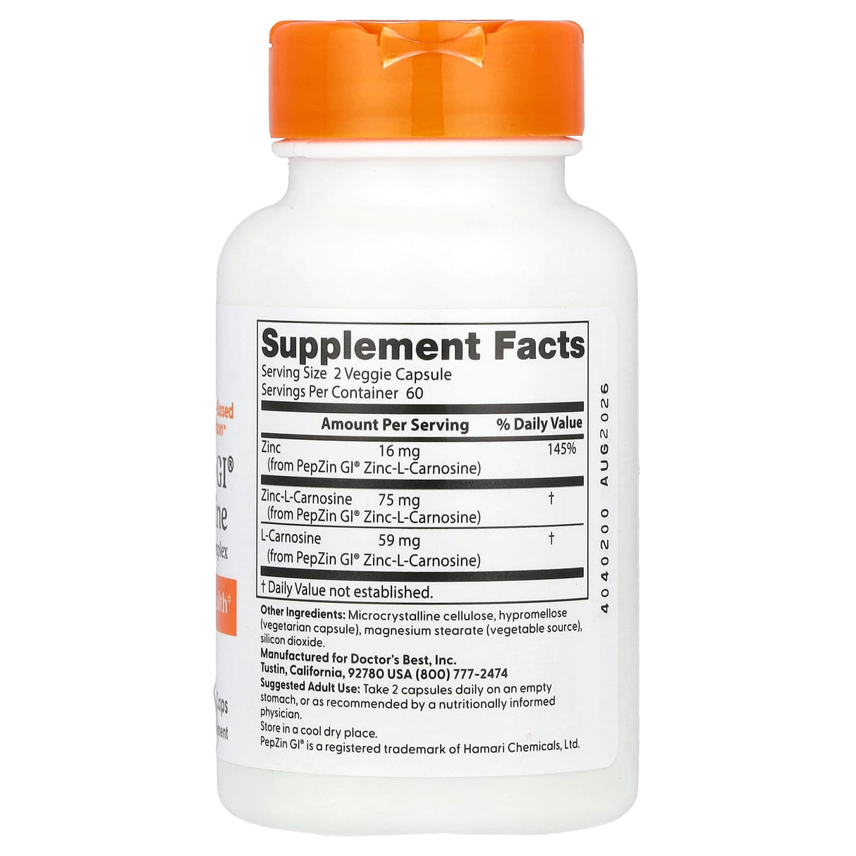 Zinc-L-Carnosine Complex, PepZin GI, Doctor's Best, 120 capsule