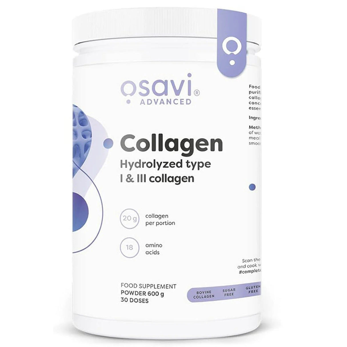 Collagen Peptides, Hydrolyzed type I & III, Osavi, 600g