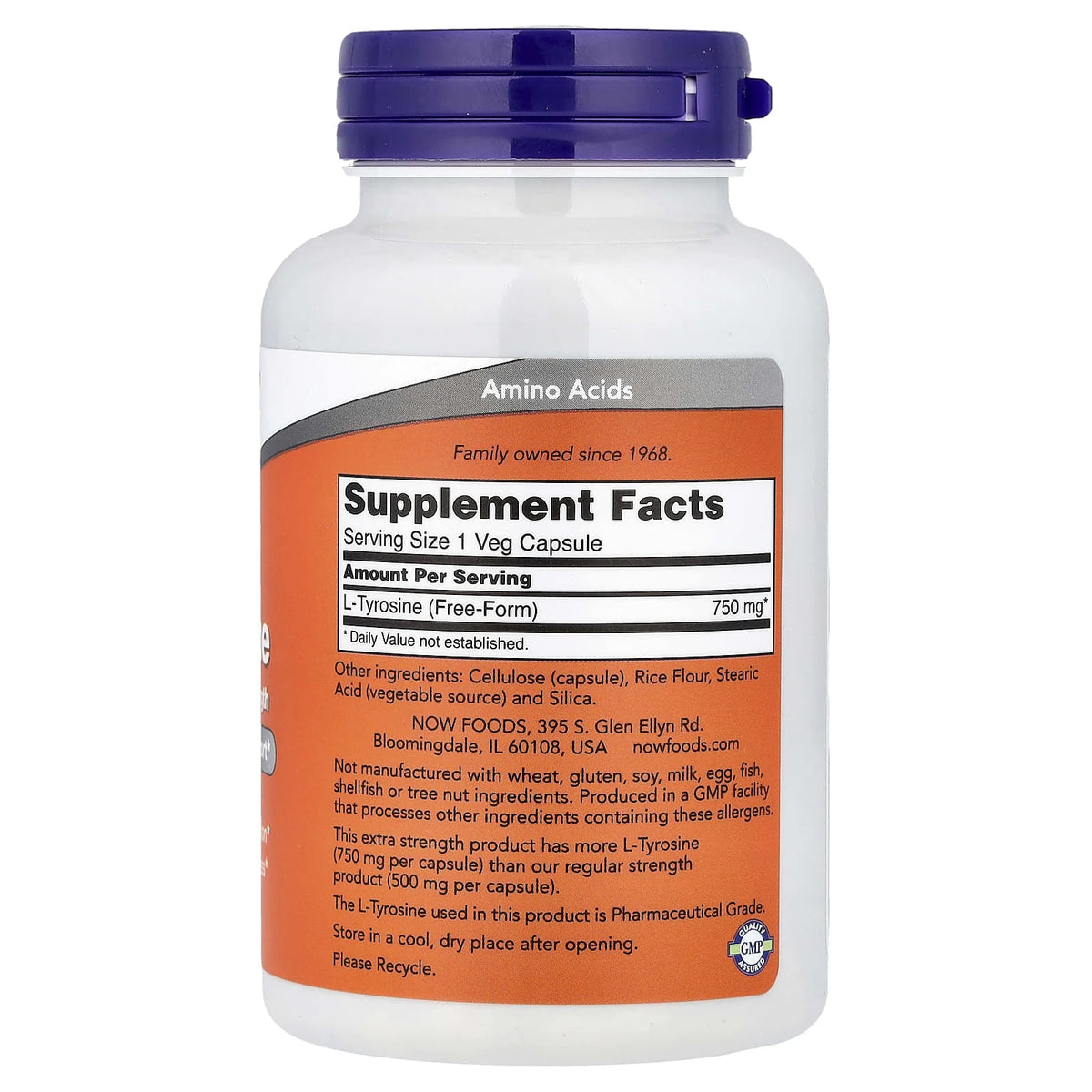 L-Tyrosine, Tirozina 750mg, Now Foods, 90 veg caps