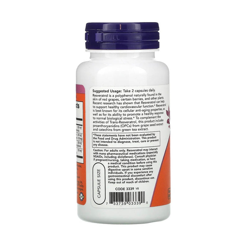 Încărcați imaginea în vizualizatorul Galerie, Natural Resveratrol with Red Wine Extract, Green Tea & Grape Seed, 50 mg, Now Foods, 60 capsule