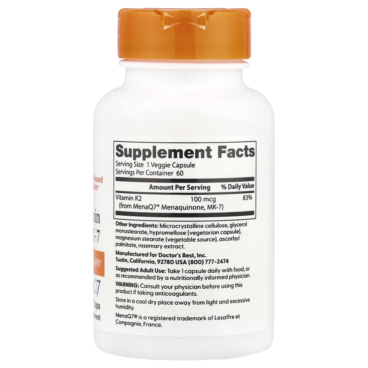 Natural Vitamin K2 MK7 with MenaQ7, 100 mcg, Doctor's Best, 60 capsule