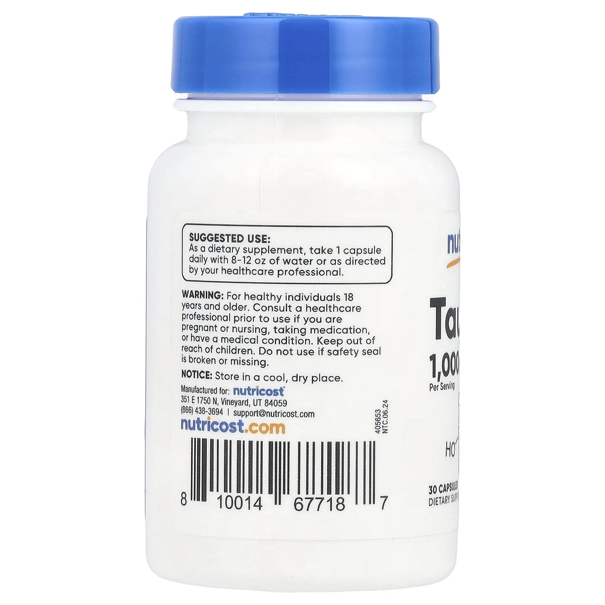 Taurina (Sănătatea Cardiovasculară) 1000 mg, Nutricost, 30 capsule