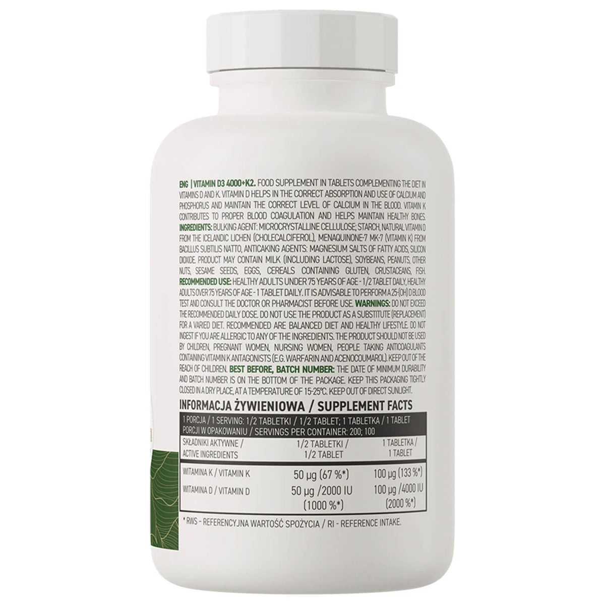 Vegan Vitamin D3 4000 IU + K2, OstroVit, 100 tablete