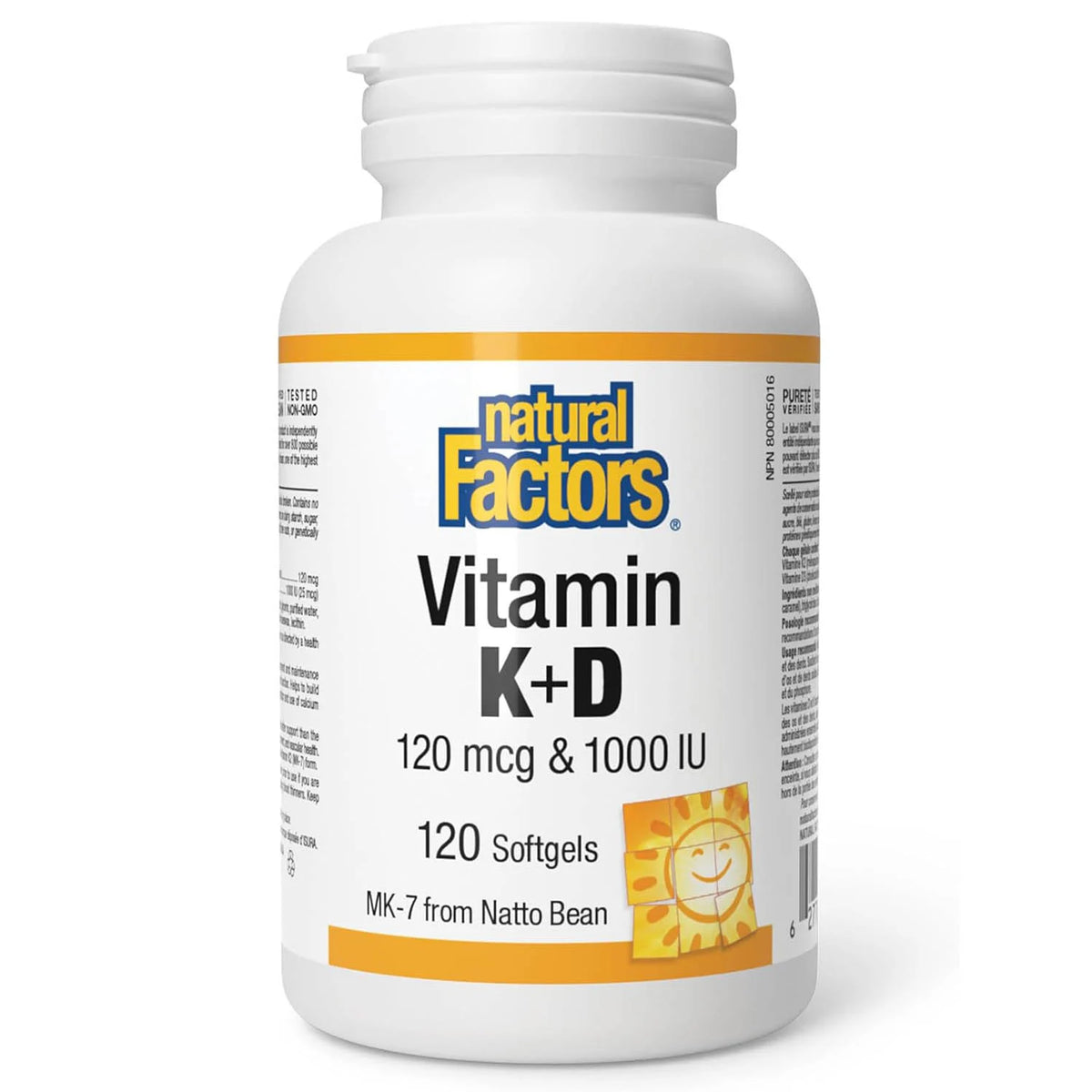 Vitamin D3 + K2 MK7, 1000 IU/ 120 mcg, Natural Factors, 120 softgels