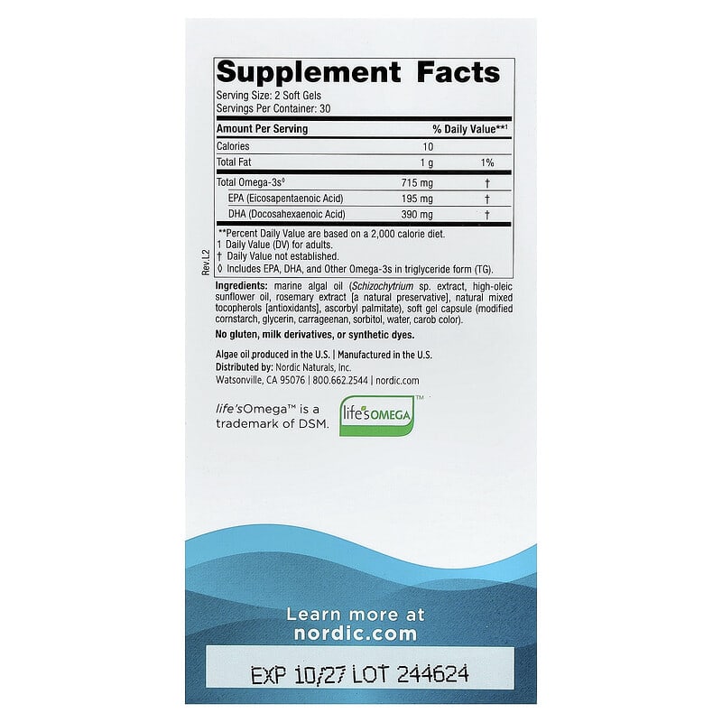 Algae Omega-3 Vegan, Nordic Naturals, 60 softgels