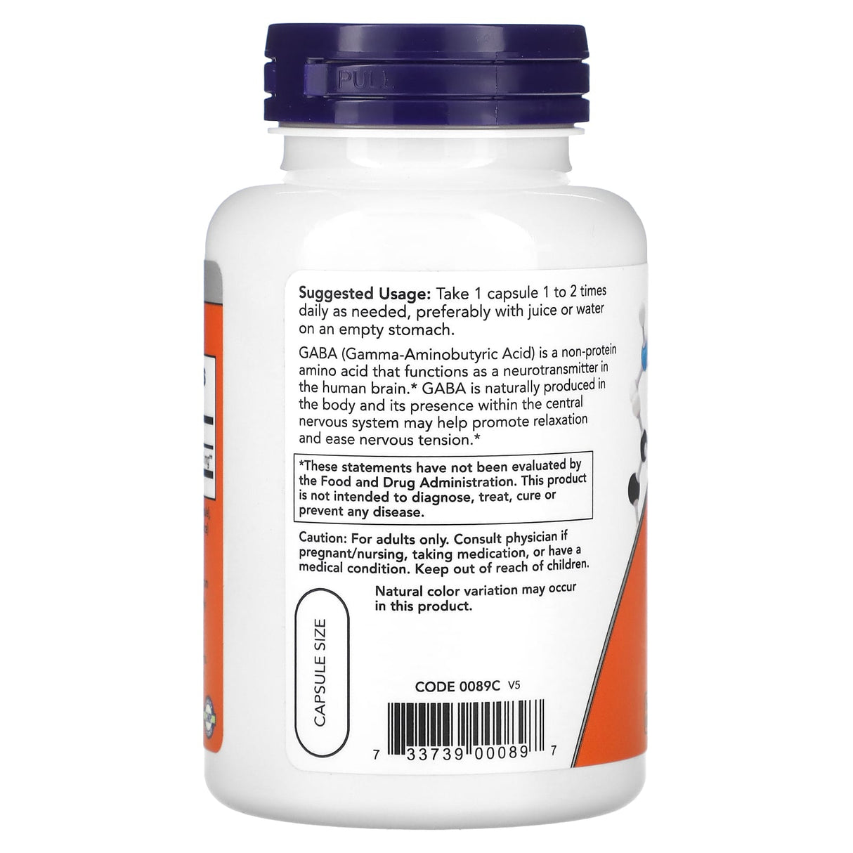 GABA (Relaxarea Sistemului Nervos), 750mg, Now Foods, 100 capsule