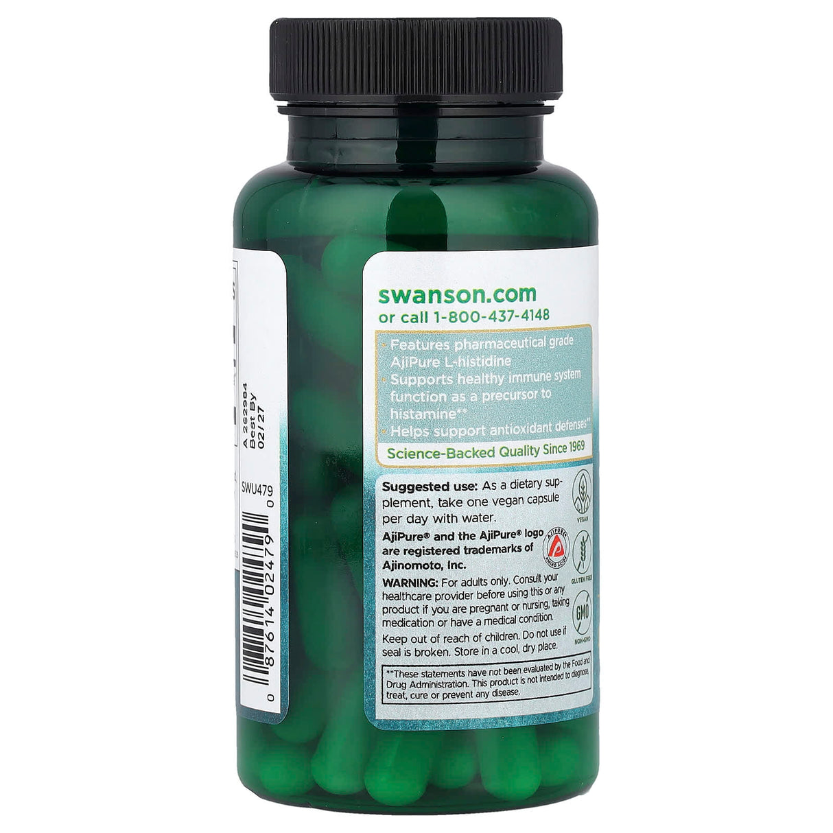 L-Histidine, 500 mg, AjiPure, Swanson, 60 capsule SWU479