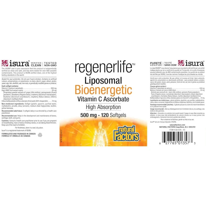 Liposomal Bioenergetic Vitamin C Ascorbate, 500 mg, Natural Factors, 120 softgels