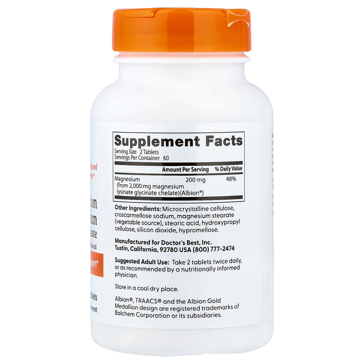 Magnesium Glycinate 100% Chelated, 100mg, Doctor's Best, 120 tablete