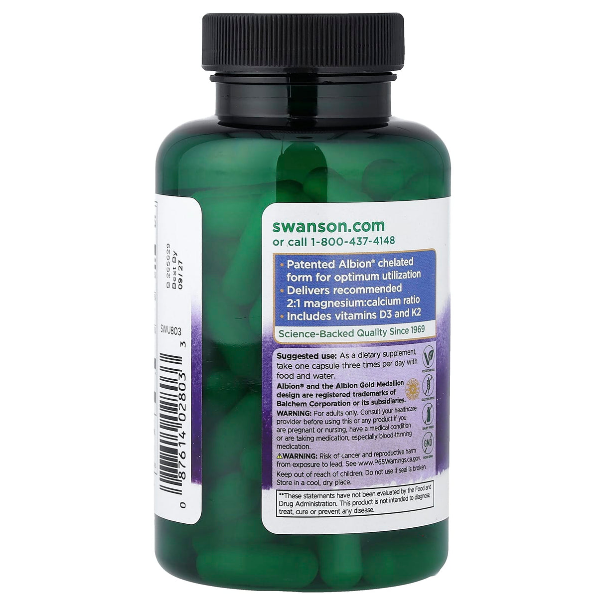 Magneziu si Calciu Glicinat cu Vitaminele D3 si K2, Swanson, 90 capsule SWU803