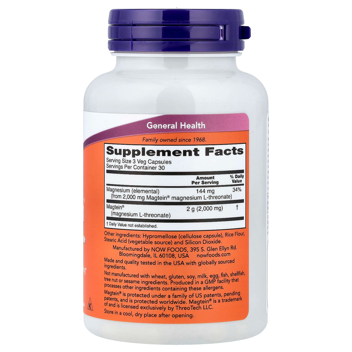 Magtein, Magnesium L-Threonate, Now Foods, 90 capsule