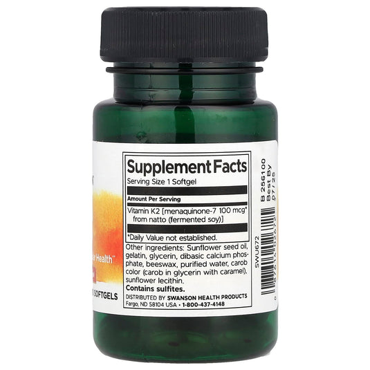 Natural Vitamin K2 (Menachinona) MK-7, 100mcg, Swanson, 30 softgels SWU672