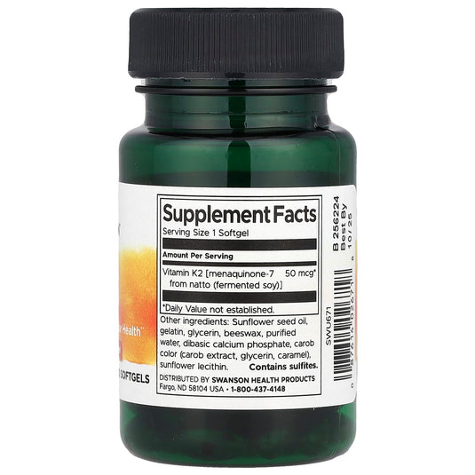 Natural Vitamin K2 (Menachinona) MK-7, 50mcg, Swanson, 30 softgels SWU671