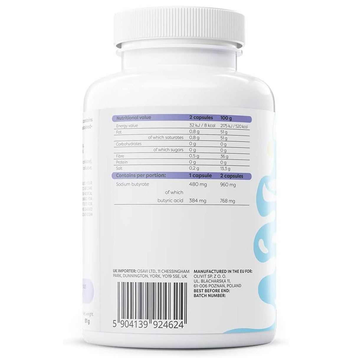 Sodium butyrate, Sustained Release, 960 mg, Osavi, 120 capsule