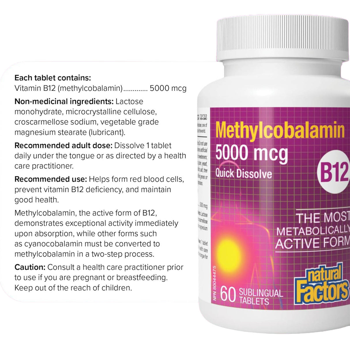 Vitamin B12, Methylcobalamin, 5000 mcg, Natural Factors, 60 tablete