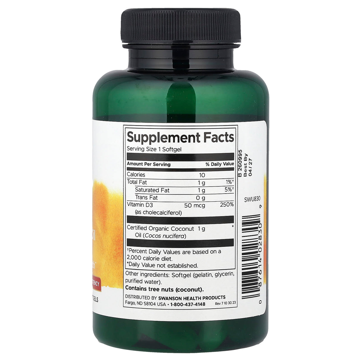 Vitamin D3, 2000 IU with Coconut Oil, Swanson, 60 Softgels SWU830