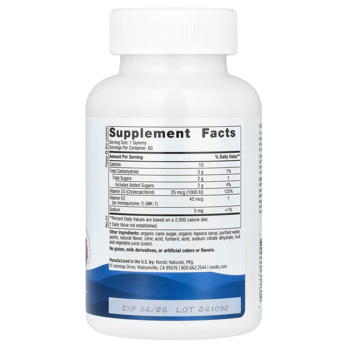Vitamin D3 + K2 Gummies, Nordic Naturals, 60 jeleuri