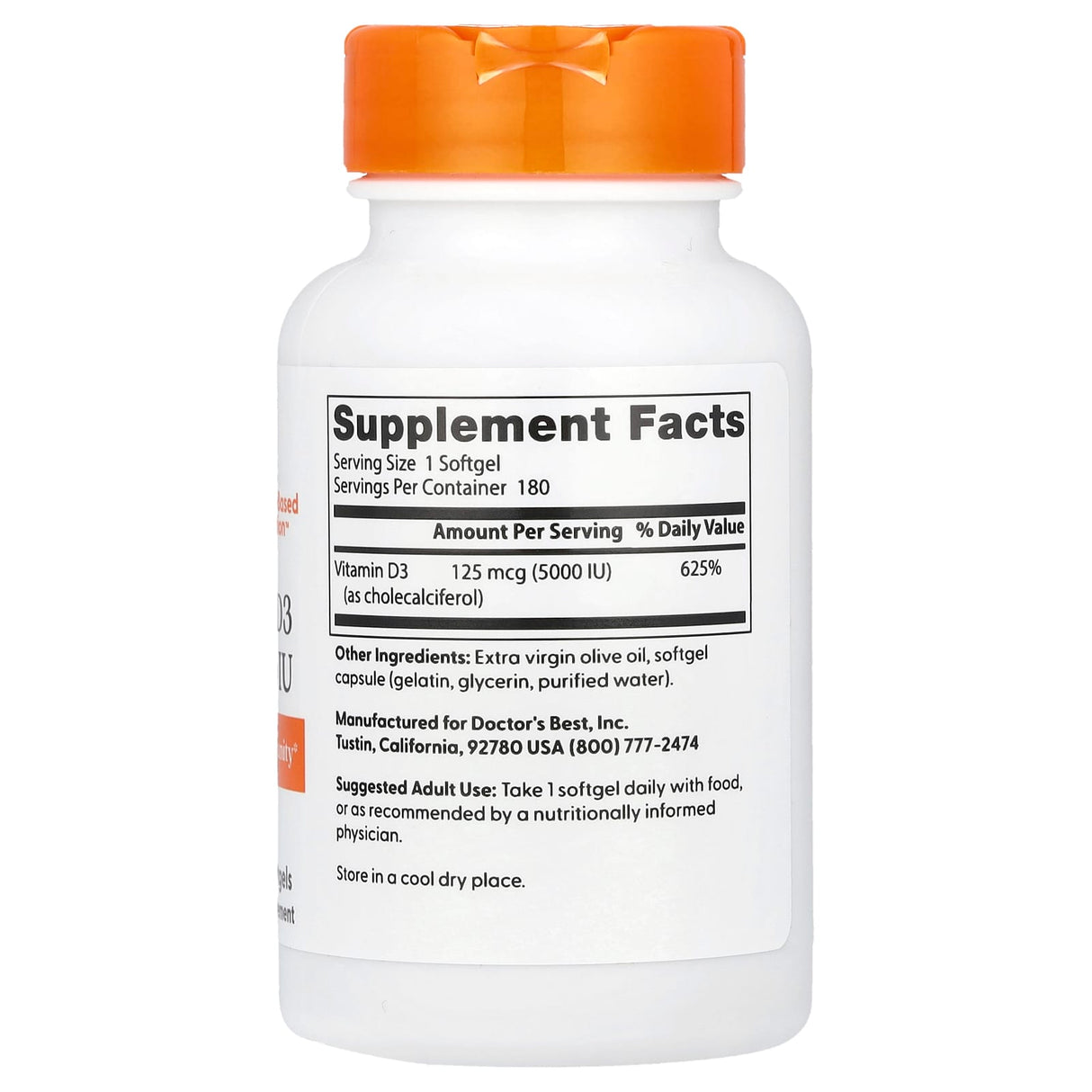Vitamina D3, 5000 IU, Doctor's Best, 180 softgels