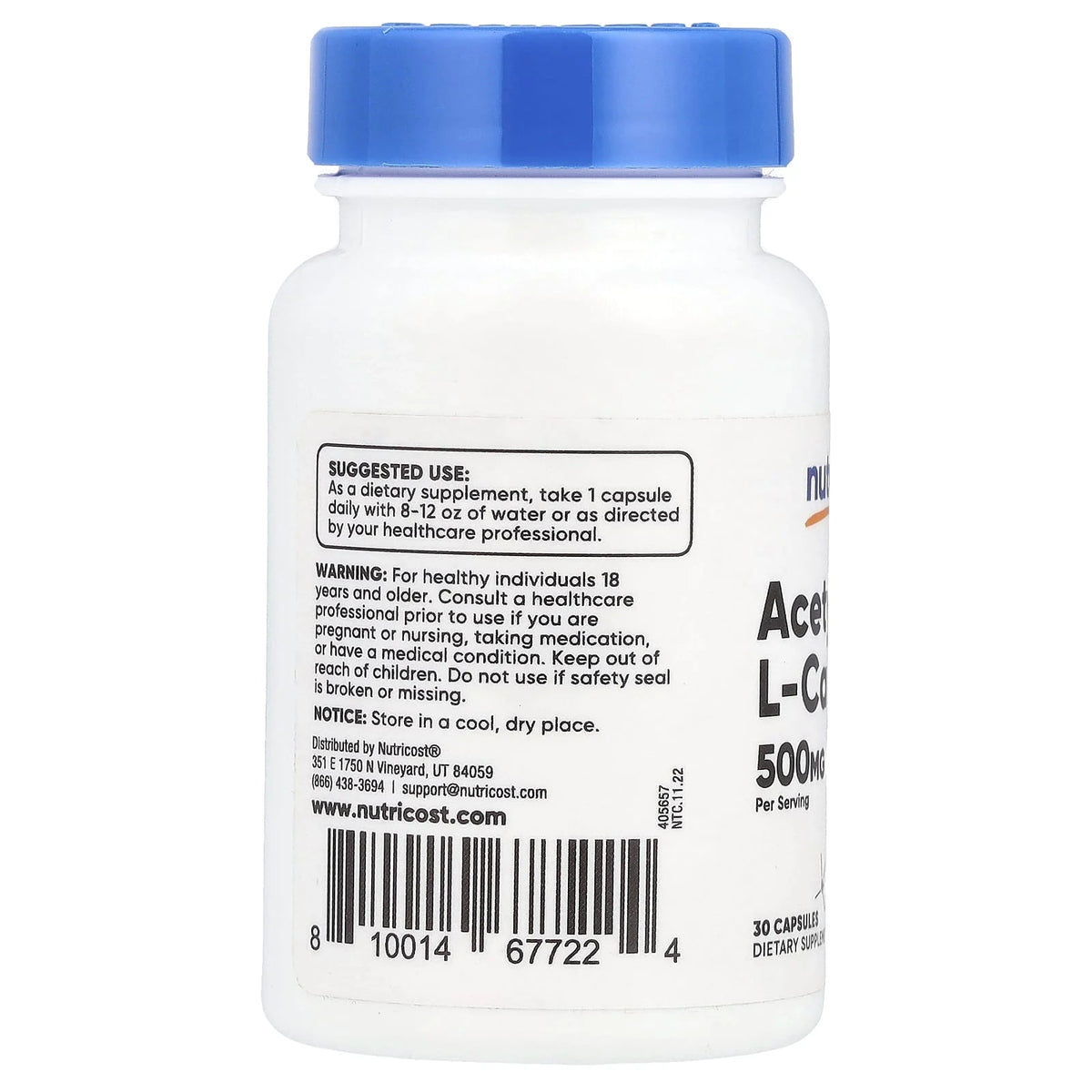 Acetil L-Carnitină, 500 mg, Nutricost, 30 capsule