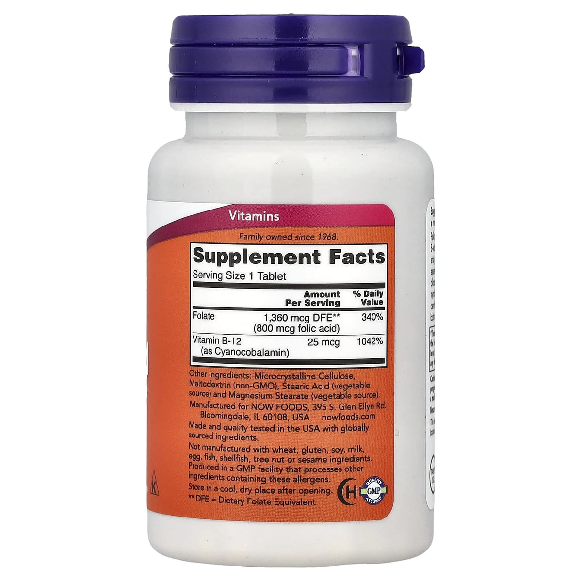 Acid Folic (Vitamina B9) 800 mcg si Vitamina B12, Now Foods, 250 tablete