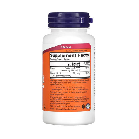 Acid Folic (Vitamina B9) 800 mcg si Vitamina B12, Now Foods, 250 tablete