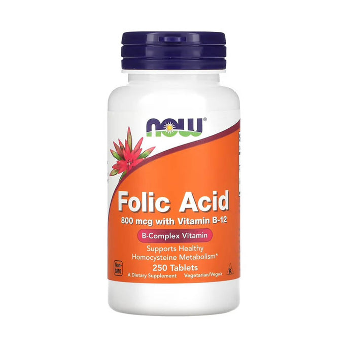 Acid Folic (Vitamina B9) 800 mcg si Vitamina B12, Now Foods, 250 tablete