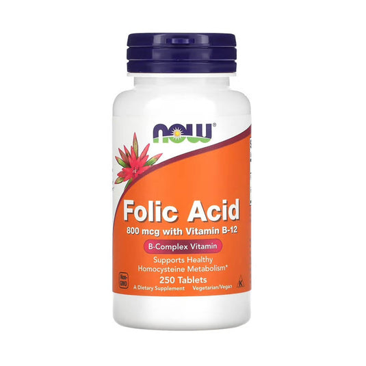 Acid Folic (Vitamina B9) 800 mcg si Vitamina B12, Now Foods, 250 tablete