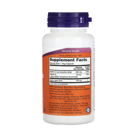 Alpha Lipoic Acid ALA With Vitamins C & E, 100mg, Now Foods, 60 capsule