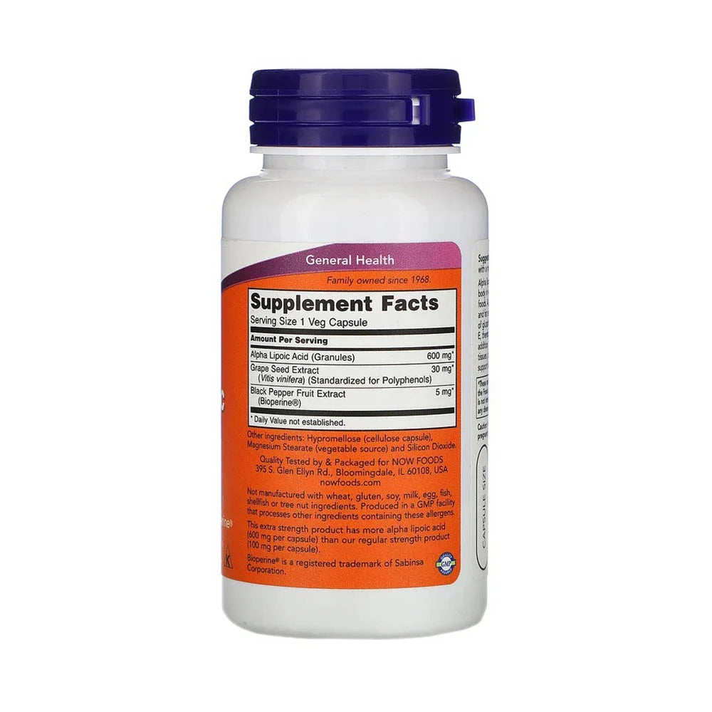 Alpha Lipoic Acid with Grape Seed Extract, 600mg, Now Foods, 60 capsule