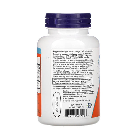 Cod Liver Oil, Extra Strength, 1000 mg, Now Foods, 90 softgels