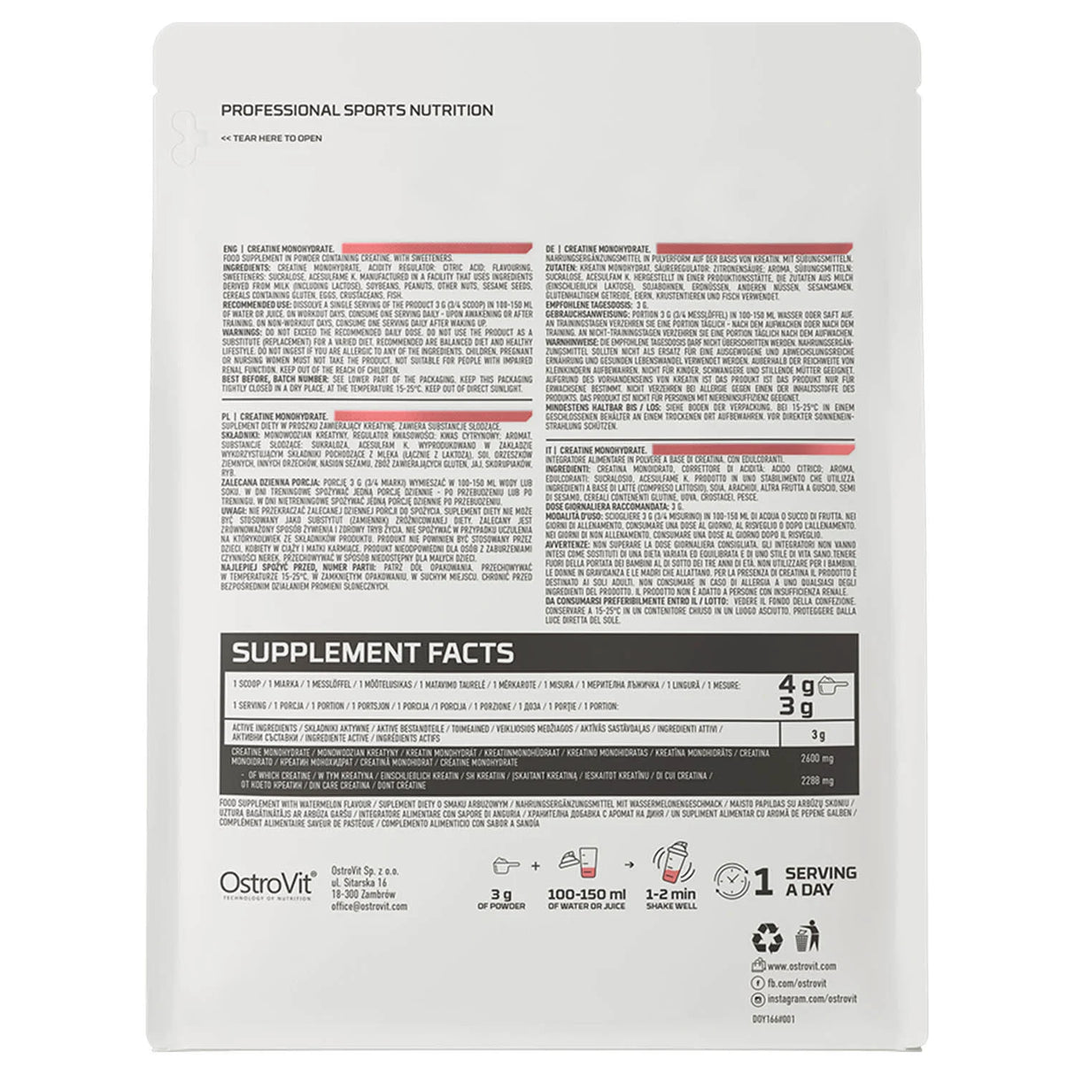 Creatine Monohydrate Micronized, Pepene Verde, OstroVit, 300g