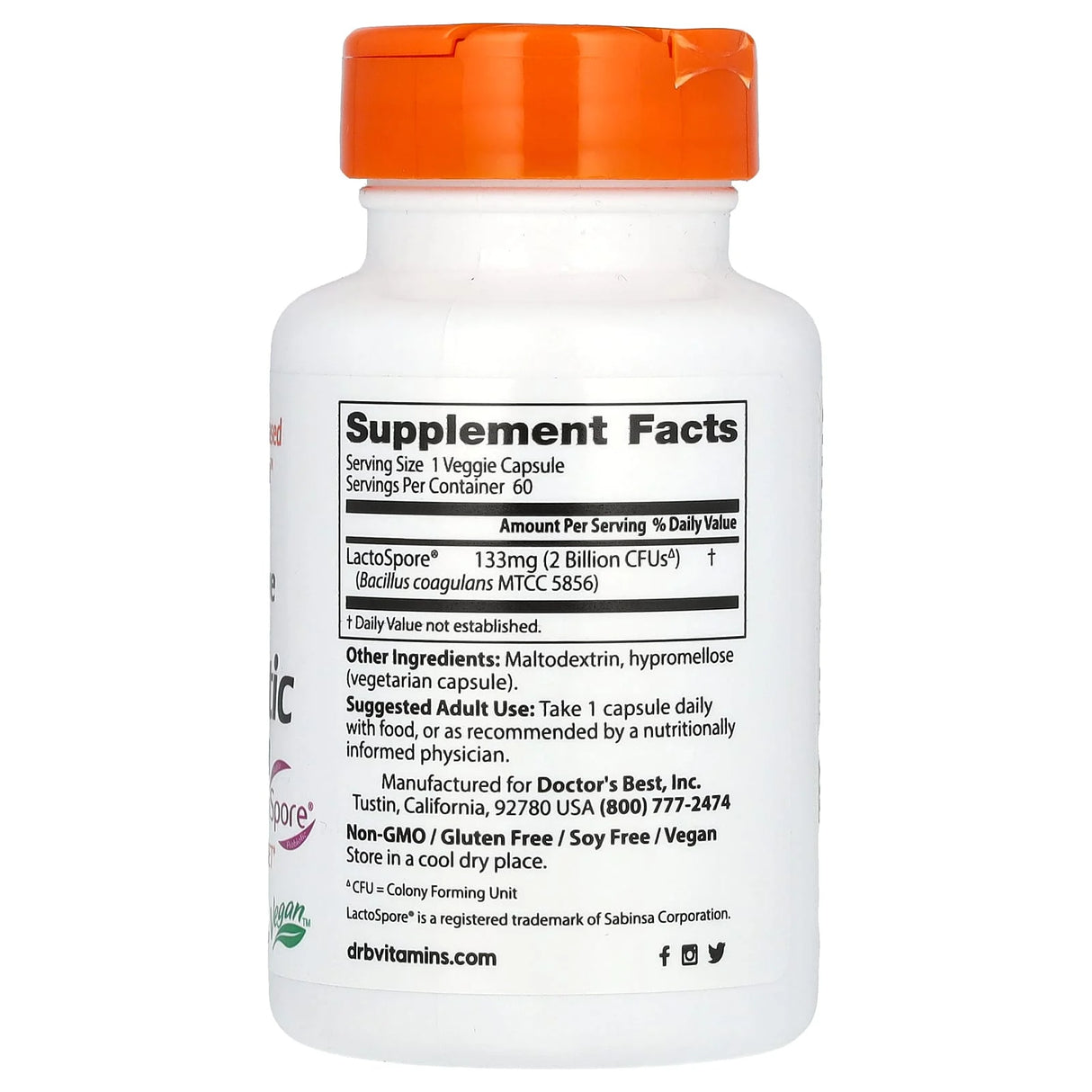 Digestive Health, Probiotic 2 Billion with LactoSpore, Doctor's Best, 60 capsule