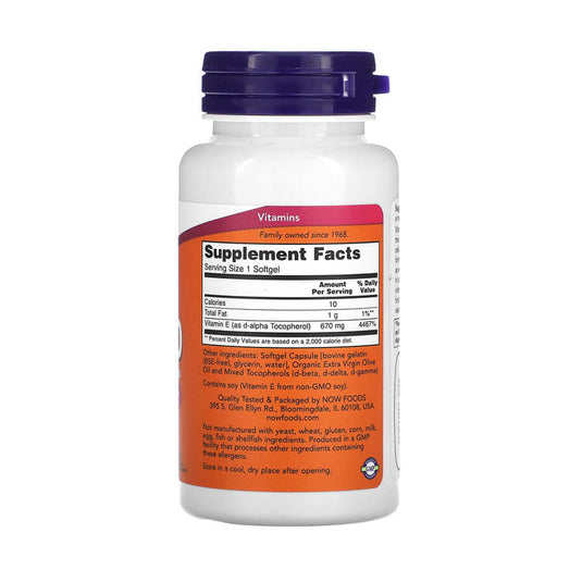 Vitamina E-1000 with Mixed Tocopherols, 670 mg (1,000 IU), NOW Foods, 50 softgels
