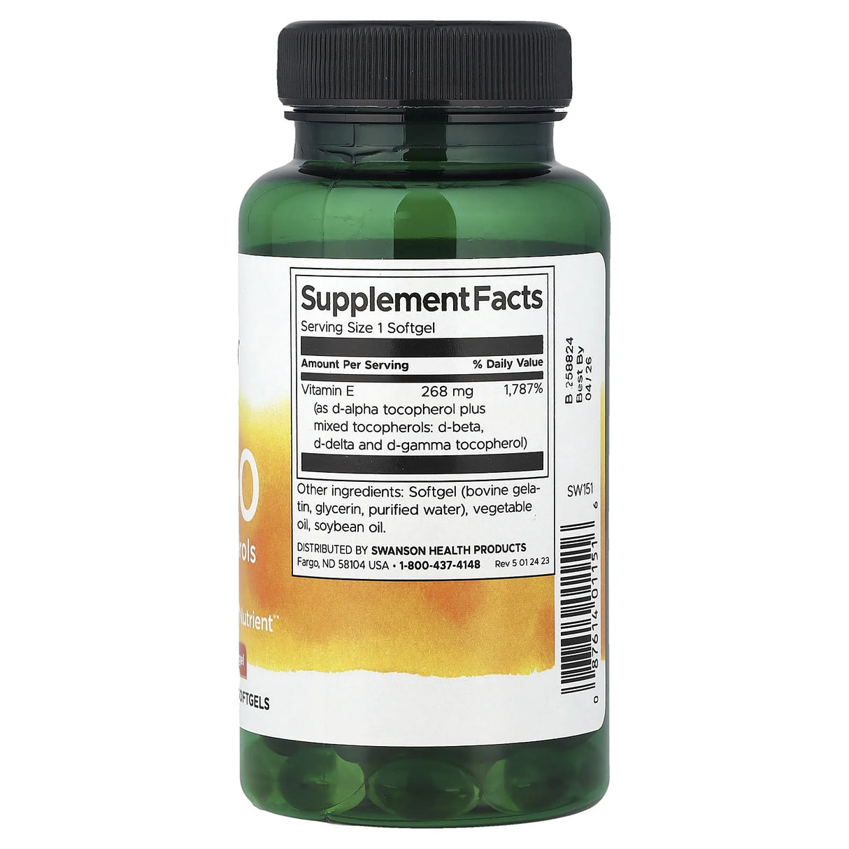 Vitamina E-400, Mixed Tocopherols, 400 IU,, Swanson, 100 softgels SW151