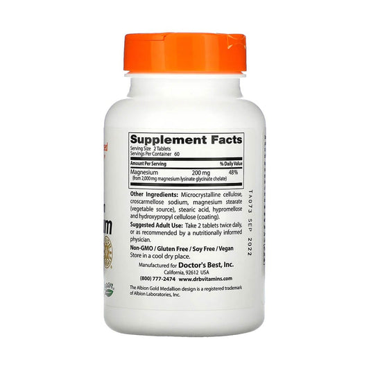 Magnesium Glycinate 100% Chelated, 100mg, Doctor's Best, 120 tablete