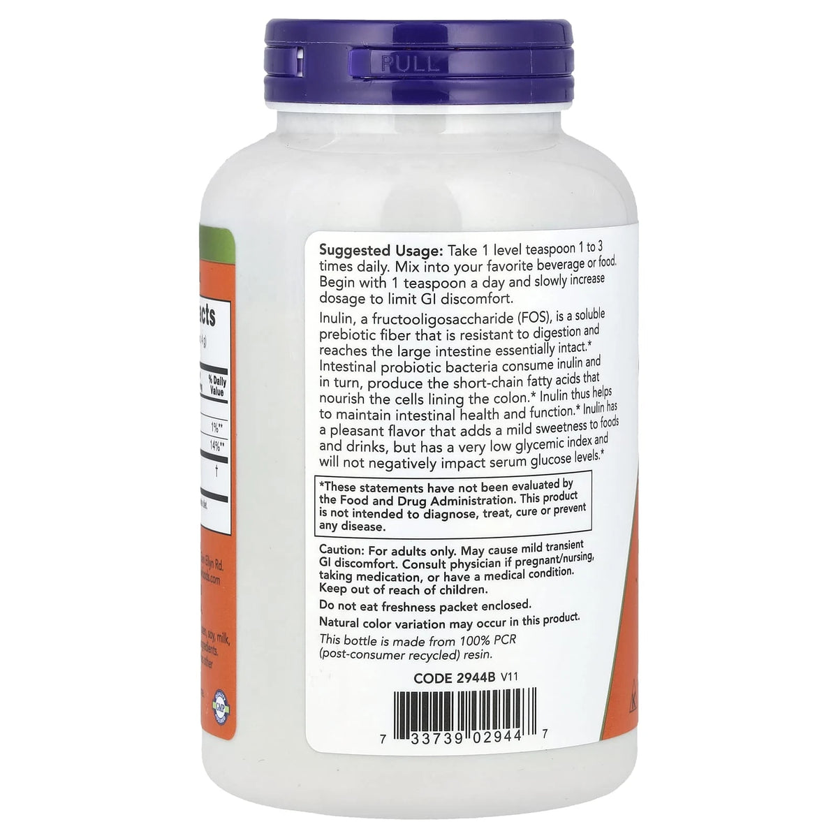 Inulina Certificata Organic, Prebiotic Pure Powder, Now Foods, 227g