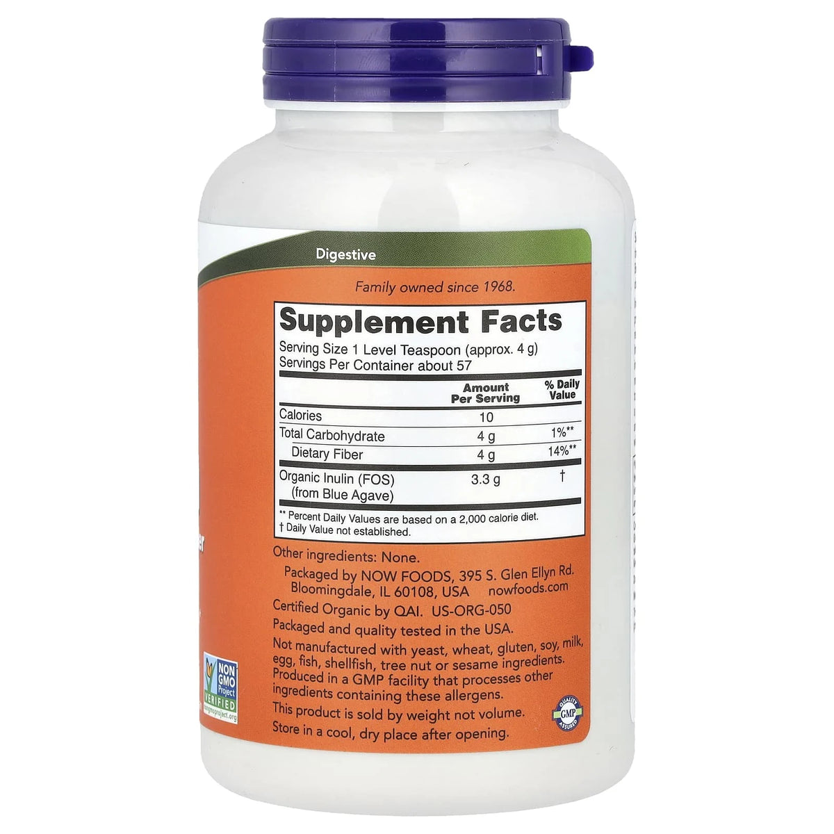 Inulina Certificata Organic, Prebiotic Pure Powder, Now Foods, 227g