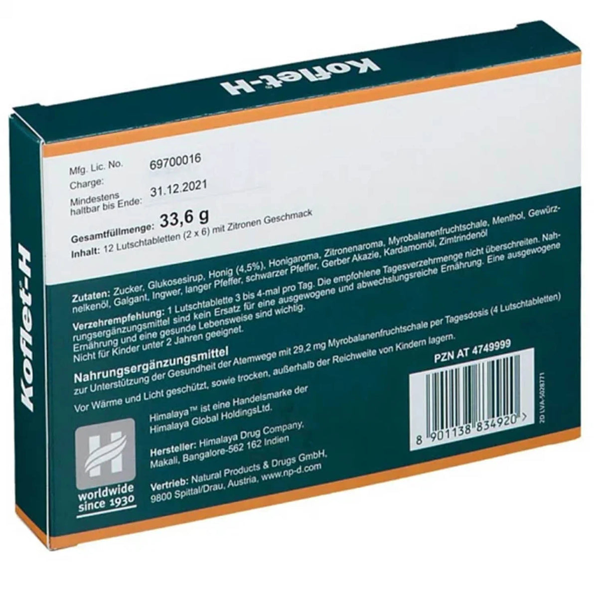 Koflet-H (Durere in Gat), Himalaya, 12 drajeuri Ginger