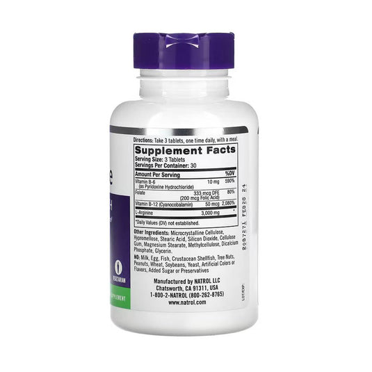 L-Arginine, 1000 mg, with B6, B9 si B12, Natrol, 90 tablete