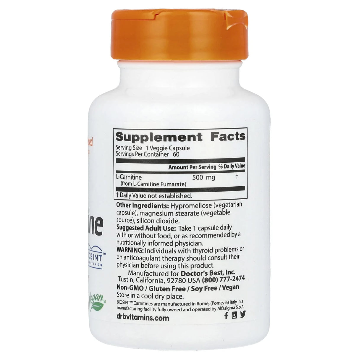 L-Carnitine Fumarate with Biosint, 855 mg, Doctor's Best, 60 capsule
