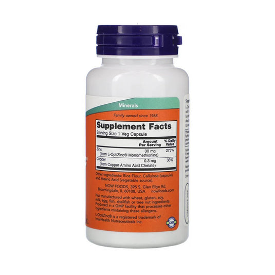 L-OptiZinc, (Biodisponibila) 30 mg, Now Foods, 100 capsule