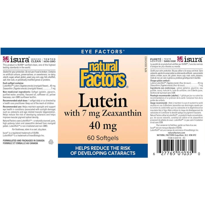 Lutein 40 mg with Zeaxanthin 7 mg, Natural Factors, 60 Softgels