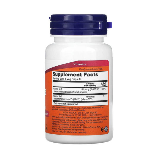 Mega D-3 & MK-7 (K2), 180 mcg (5,000 IU), Now Foods, 60 capsule