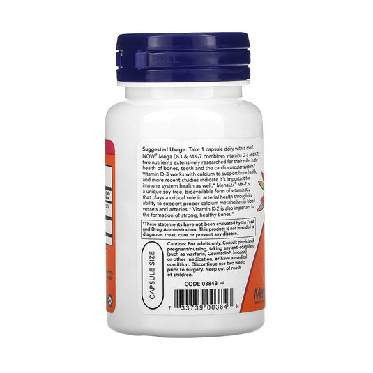 Mega D-3 & MK-7 (K2), 180 mcg (5,000 IU), Now Foods, 60 capsule