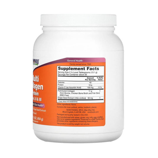 Multi Collagen, Type I, II & III (Bone, Joint & Skin Health) Now Foods, 454g